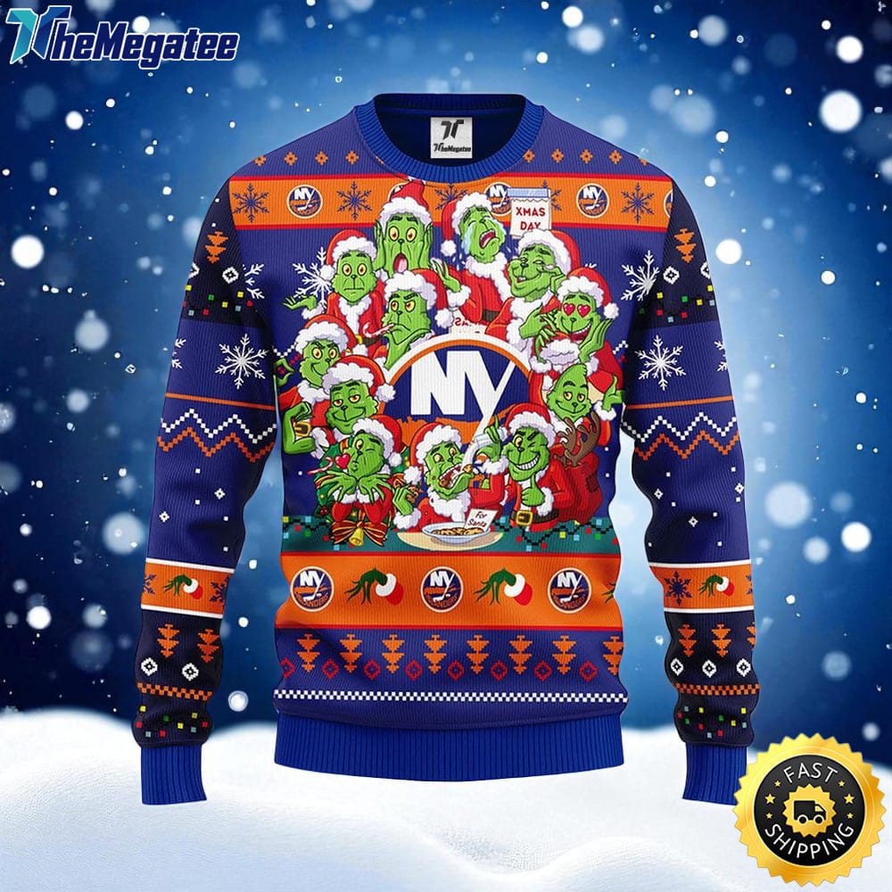NHL New York Islanders Ugly Sweater 12 Expressions Of Grinch During The Christmas Season Sweater For Fans NHL New York Islanders Ugly Sweater 12 Expressions Of Grinch During The Christmas Season Sweater For Fans