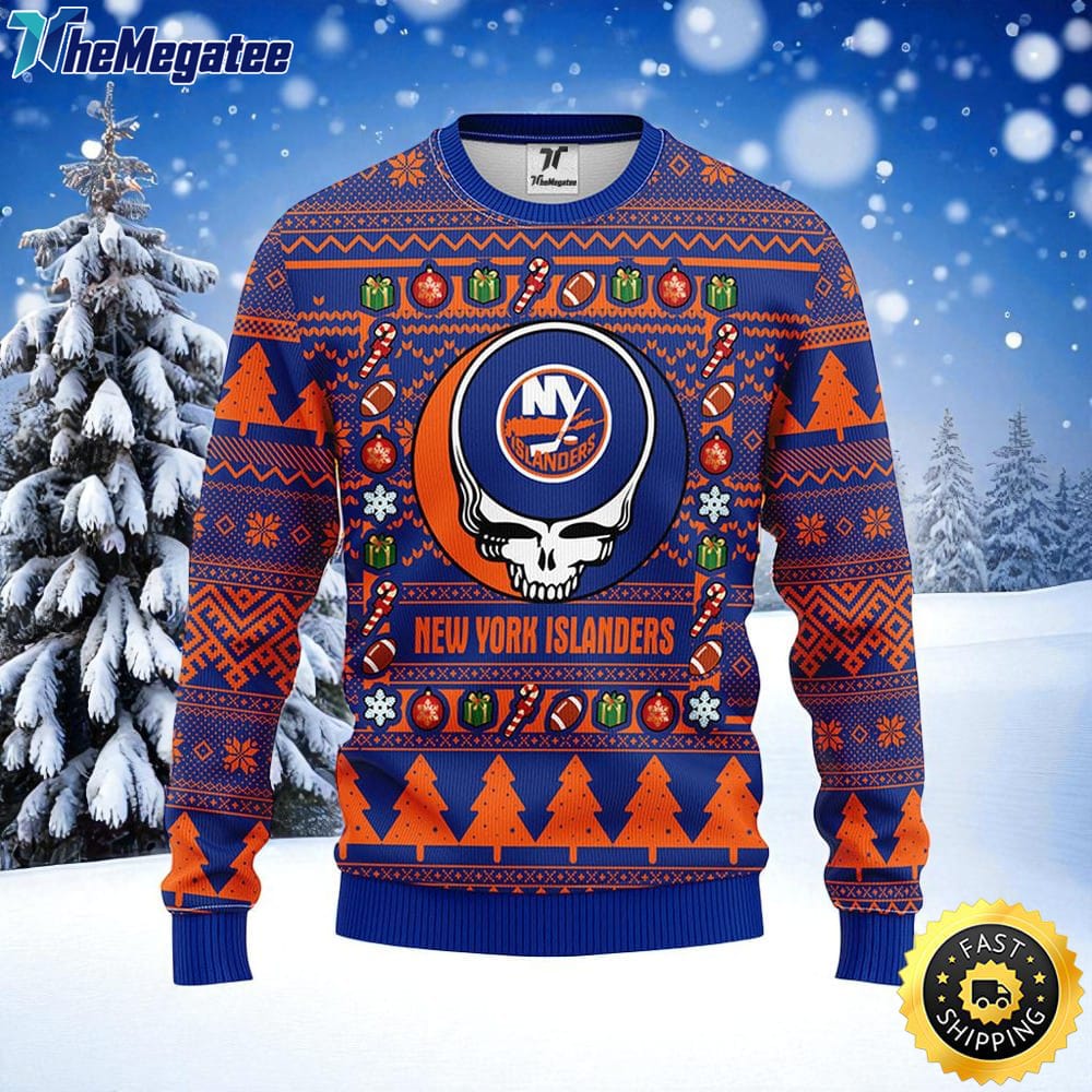 NHL New York Islanders Ugly Sweater Grateful Dead Ugly Christmas Fleece Sweater For Fans NHL New York Islanders Ugly Sweater Grateful Dead Ugly Christmas Fleece Sweater For Fans