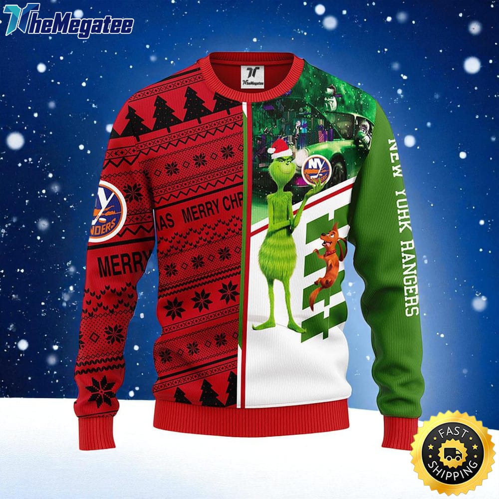 NHL New York Islanders Ugly Sweater Grinch And Scooby doo Ugly Christmas Sweater For Fans NHL New York Islanders Ugly Sweater Grinch And Scooby doo Ugly Christmas Sweater For Fans