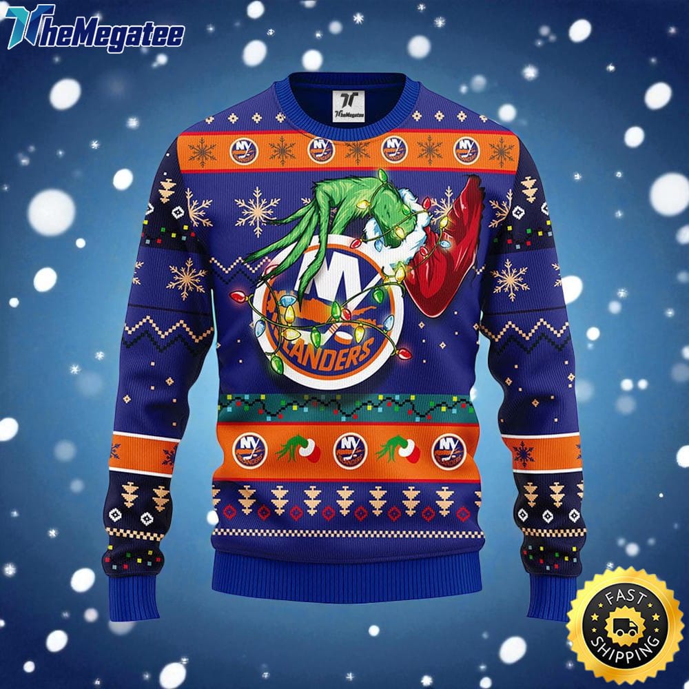 NHL New York Islanders Ugly Sweater The Hand Of Grinch Ugly Christmas Sweater For Fans NHL New York Islanders Ugly Sweater The Hand Of Grinch Ugly Christmas Sweater For Fans