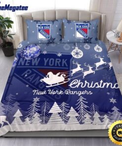NHL New York Rangers Bedding Sets Santa Claus Sleigh And Reindeer Christmas Quilt Bedding Sets 2025