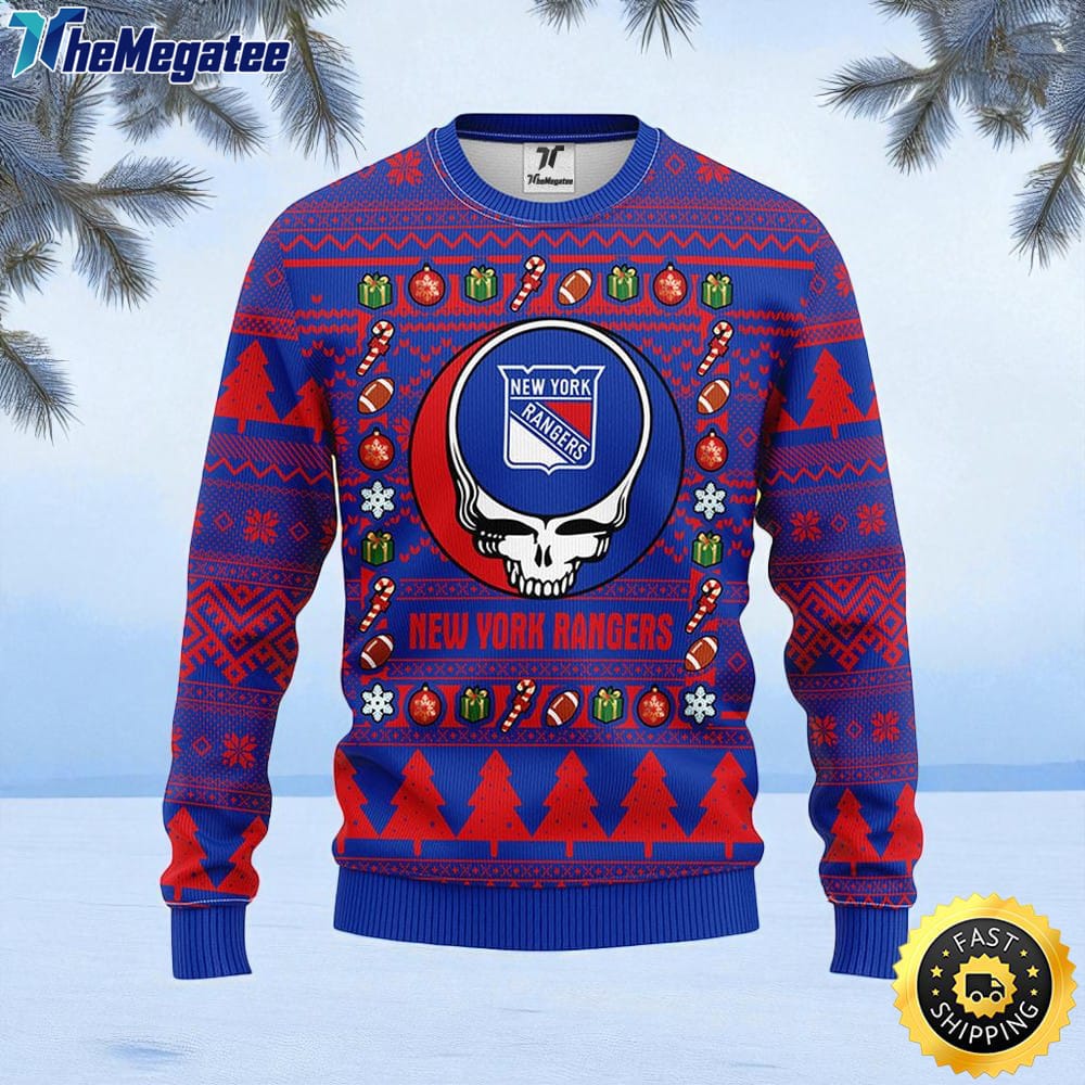 NHL New York Rangers Ugly Sweater Grateful Dead Ugly Christmas Fleece Sweater For Fans NHL New York Rangers Ugly Sweater Grateful Dead Ugly Christmas Fleece Sweater For Fans