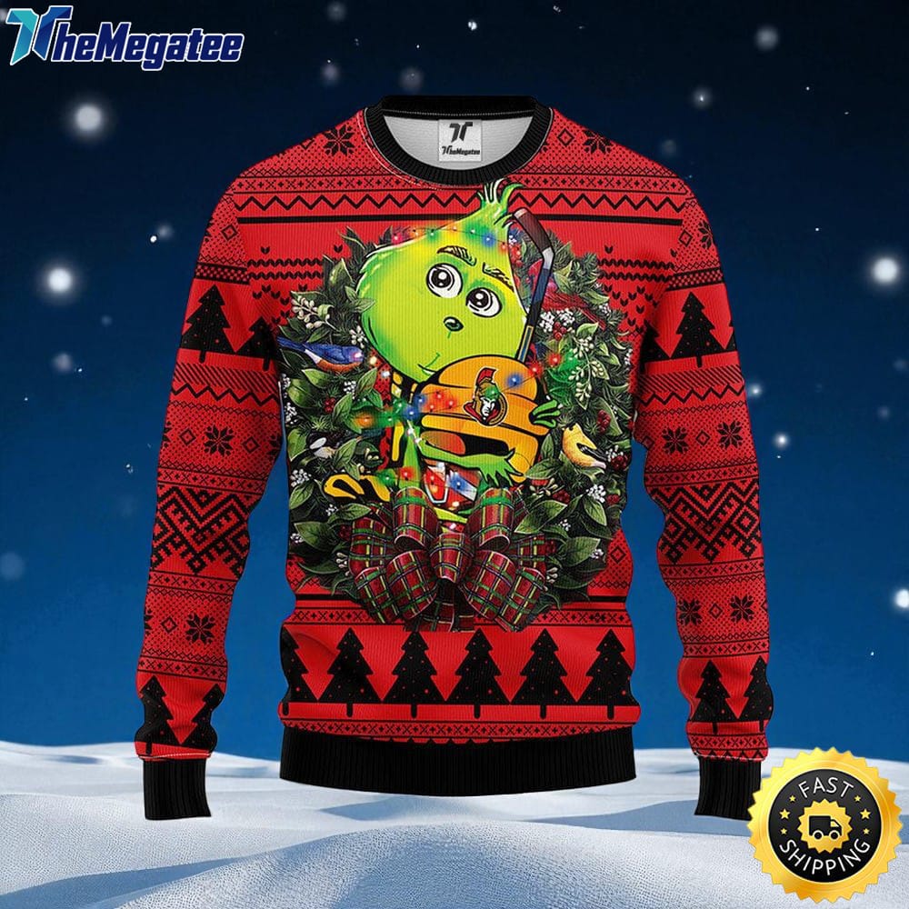 NHL Ottawa Senators Ugly Sweater Grinch Hug Ugly Christmas Sweater For Fans NHL Ottawa Senators Ugly Sweater Grinch Hug Ugly Christmas Sweater For Fans
