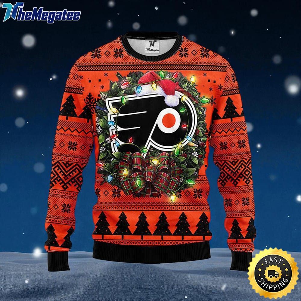 NHL Philadelphia Flyers Ugly Sweater Christmas Wreath Ugly Sweater For Fans NHL Philadelphia Flyers Ugly Sweater Christmas Wreath Ugly Sweater For Fans