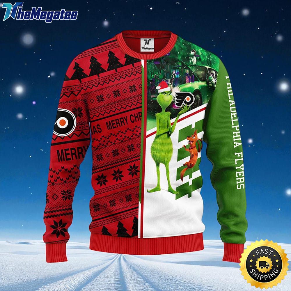 NHL Philadelphia Flyers Ugly Sweater Grinch And Scooby doo Ugly Christmas Sweater For Fans NHL Philadelphia Flyers Ugly Sweater Grinch And Scooby doo Ugly Christmas Sweater For Fans