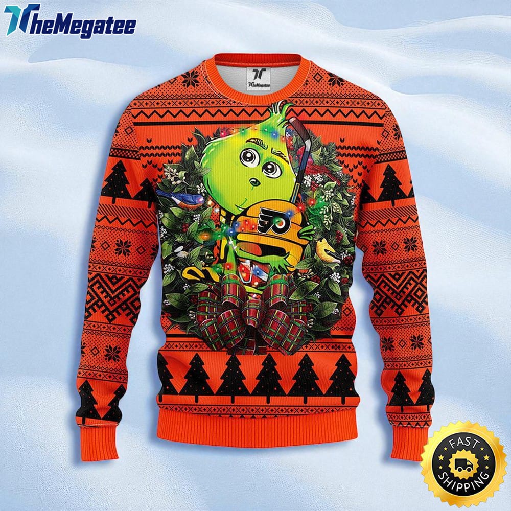NHL Philadelphia Flyers Ugly Sweater Grinch Hug Ugly Christmas Sweater For Fans NHL Philadelphia Flyers Ugly Sweater Grinch Hug Ugly Christmas Sweater For Fans