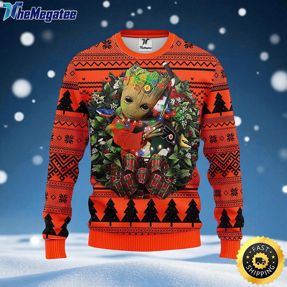 NHL Philadelphia Flyers Ugly Sweater Groot Christmas Sweater For Fans NHL Philadelphia Flyers Ugly Sweater Groot Christmas Sweater For Fans