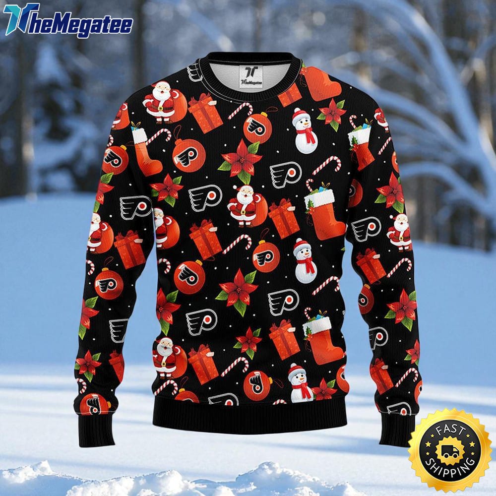NHL Philadelphia Flyers Ugly Sweater Santa Claus Snowman Ugly Christmas Sweater For Fans NHL Philadelphia Flyers Ugly Sweater Santa Claus Snowman Ugly Christmas Sweater For Fans