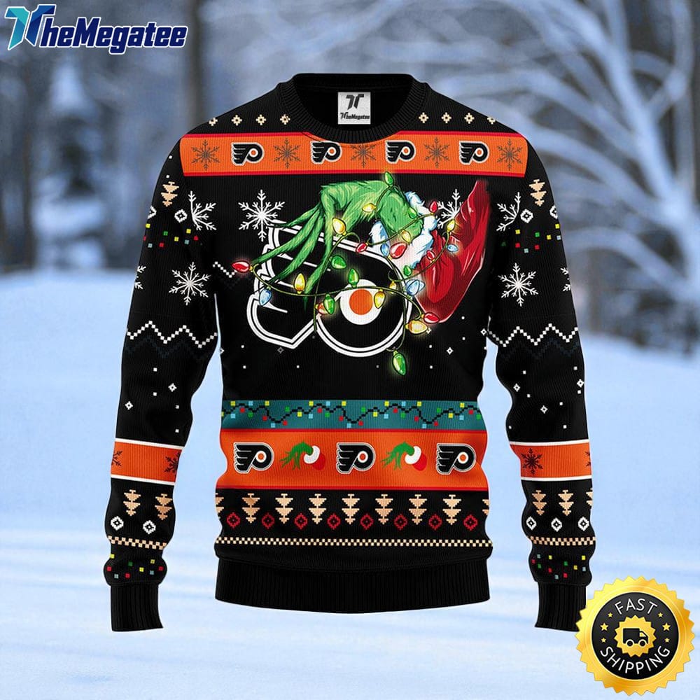 NHL Philadelphia Flyers Ugly Sweater The Hand Of Grinch Ugly Christmas Sweater For Fans NHL Philadelphia Flyers Ugly Sweater The Hand Of Grinch Ugly Christmas Sweater For Fans