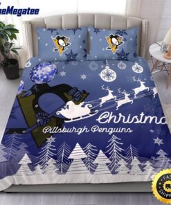 NHL Pittsburgh Penguins Bedding Sets Santa Claus Sleigh And Reindeer Christmas Quilt Bedding Sets 2025