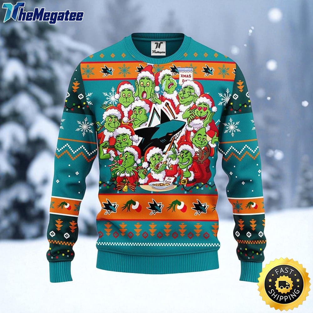 NHL San Jose Sharks Ugly Sweater 12 Expressions Of Grinch During The Christmas Season Sweater For Fans NHL San Jose Sharks Ugly Sweater 12 Expressions Of Grinch During The Christmas Season Sweater For Fans