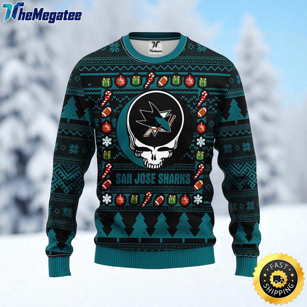 NHL San Jose Sharks Ugly Sweater Grateful Dead Ugly Christmas Fleece Sweater For Fans NHL San Jose Sharks Ugly Sweater Grateful Dead Ugly Christmas Fleece Sweater For Fans