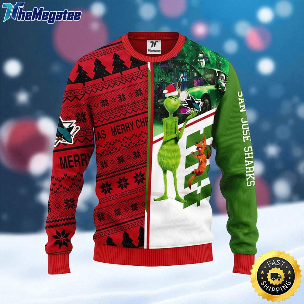 NHL San Jose Sharks Ugly Sweater Grinch And Scooby doo Ugly Christmas Sweater For Fans NHL San Jose Sharks Ugly Sweater Grinch And Scooby doo Ugly Christmas Sweater For Fans