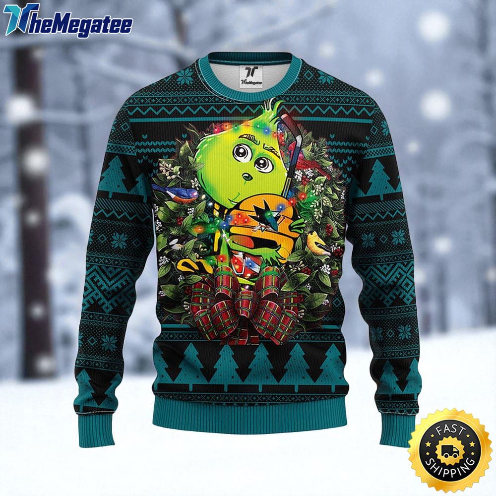 NHL San Jose Sharks Ugly Sweater Grinch Hug Ugly Christmas Sweater For Fans NHL San Jose Sharks Ugly Sweater Grinch Hug Ugly Christmas Sweater For Fans
