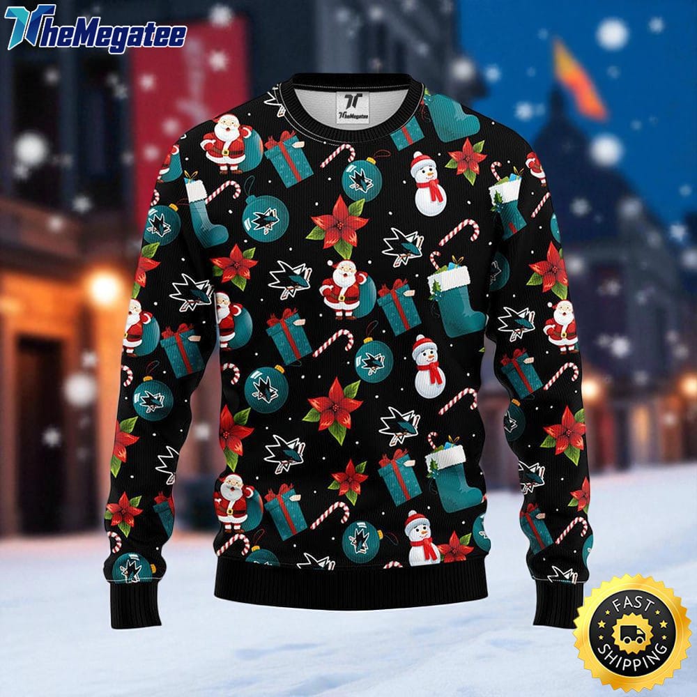 NHL San Jose Sharks Ugly Sweater Santa Claus Snowman Ugly Christmas Sweater For Fans NHL San Jose Sharks Ugly Sweater Santa Claus Snowman Ugly Christmas Sweater For Fans