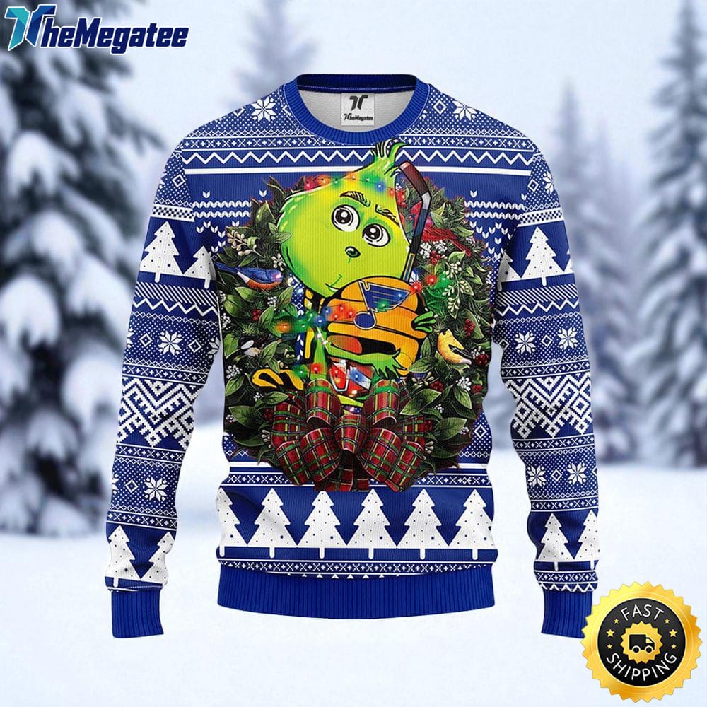 NHL St. Louis Blues Ugly Sweater Grinch Hug Ugly Christmas Sweater For Fans NHL St. Louis Blues Ugly Sweater Grinch Hug Ugly Christmas Sweater For Fans