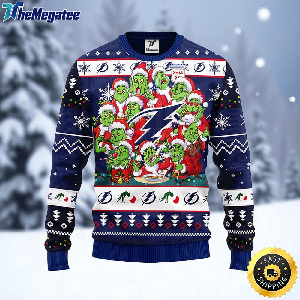 NHL Tampa Bay Lightning Ugly Sweater 12 Expressions Of Grinch During The Christmas Season Sweater For Fans NHL Tampa Bay Lightning Ugly Sweater 12 Expressions Of Grinch During The Christmas Season Sweater For Fans