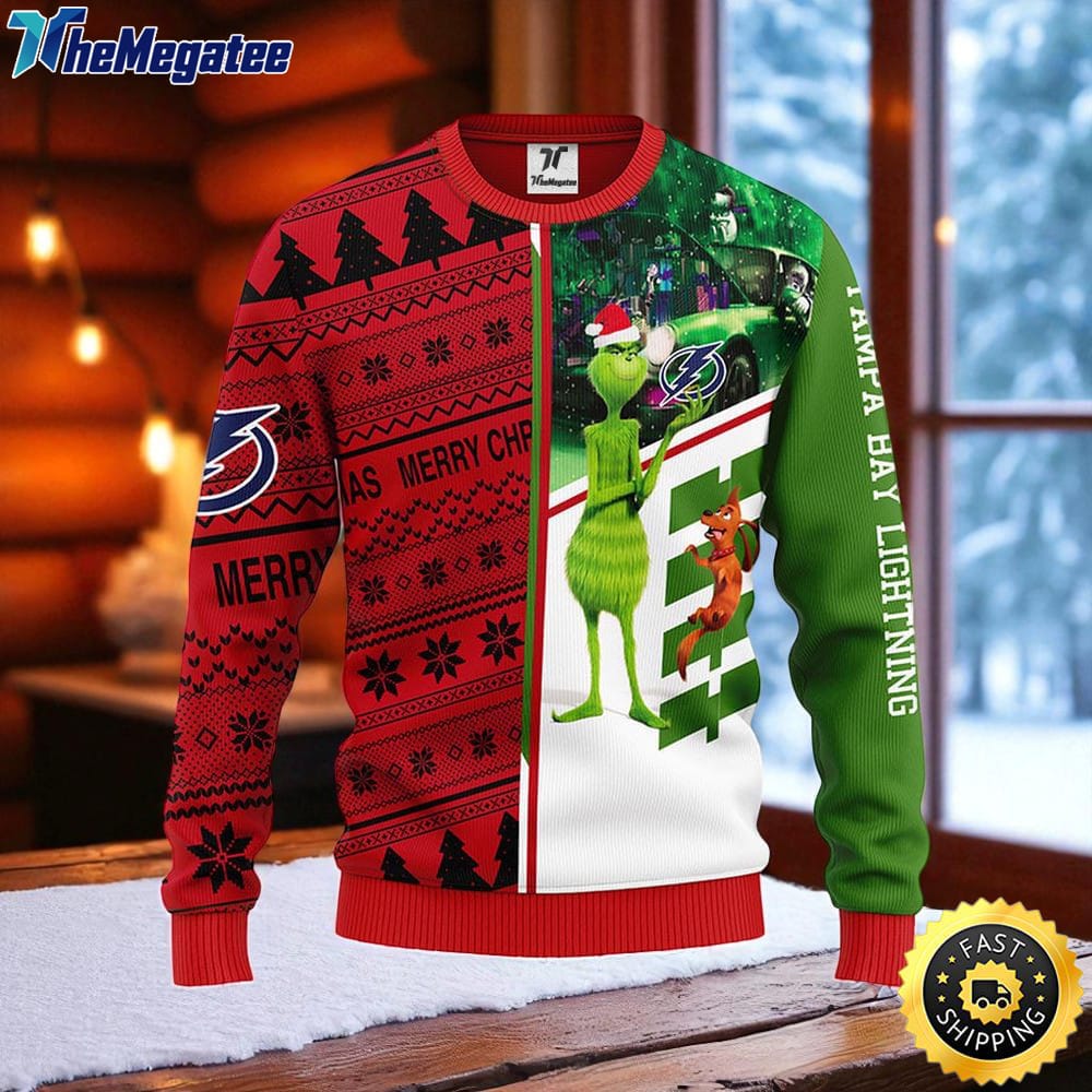 NHL Tampa Bay Lightning Ugly Sweater Grinch And Scooby doo Ugly Christmas Sweater For Fans NHL Tampa Bay Lightning Ugly Sweater Grinch And Scooby doo Ugly Christmas Sweater For Fans