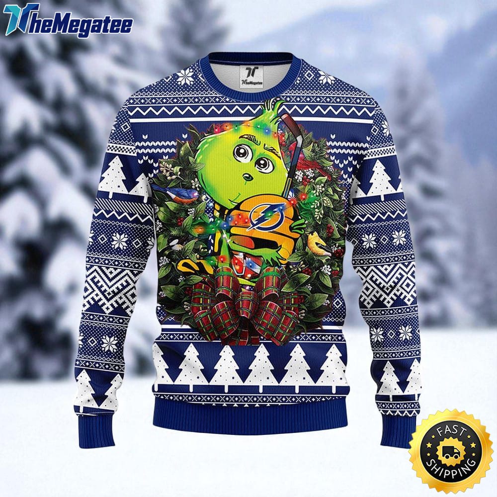 NHL Tampa Bay Lightning Ugly Sweater Grinch Hug Ugly Christmas Sweater For Fans NHL Tampa Bay Lightning Ugly Sweater Grinch Hug Ugly Christmas Sweater For Fans
