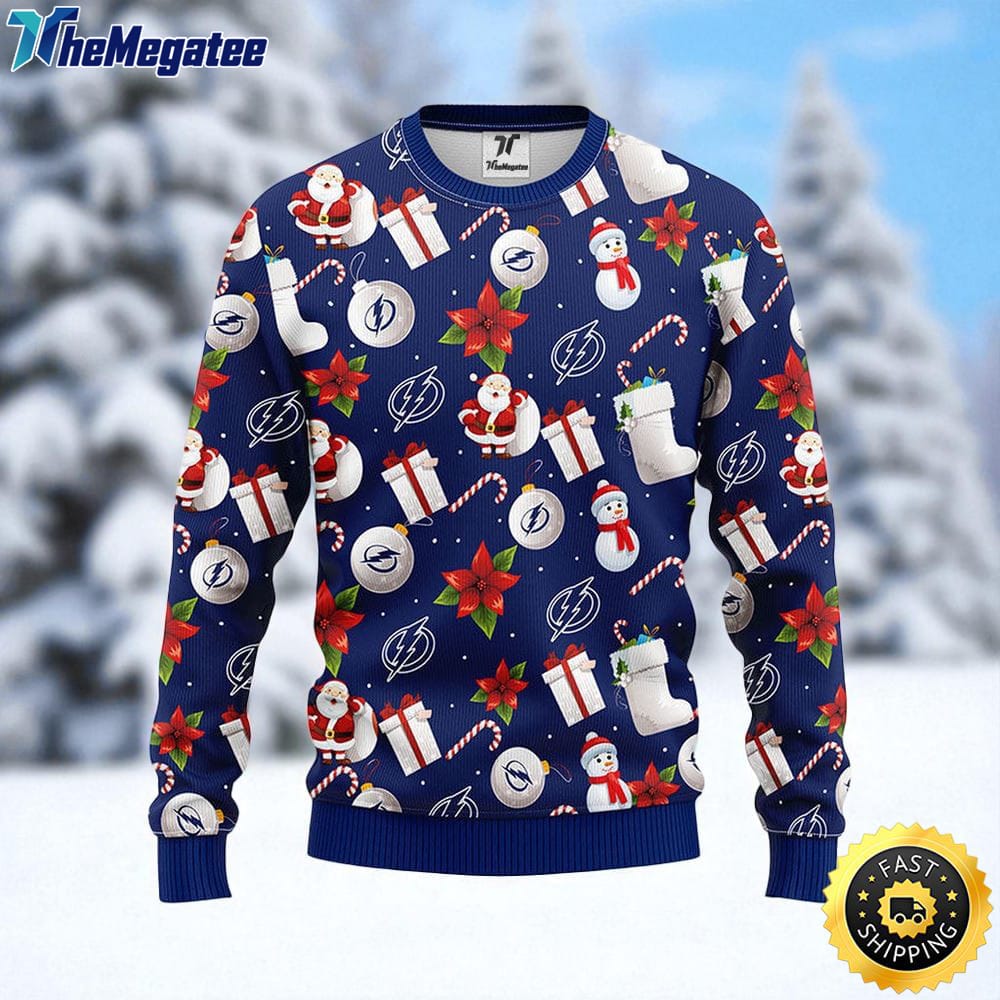 NHL Tampa Bay Lightning Ugly Sweater Santa Claus Snowman Ugly Christmas Sweater For Fans NHL Tampa Bay Lightning Ugly Sweater Santa Claus Snowman Ugly Christmas Sweater For Fans