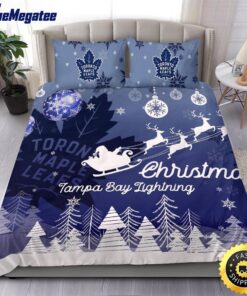 NHL Toronto Maple Leafs Bedding Sets Santa Claus Sleigh And Reindeer Christmas Quilt Bedding Sets 2025