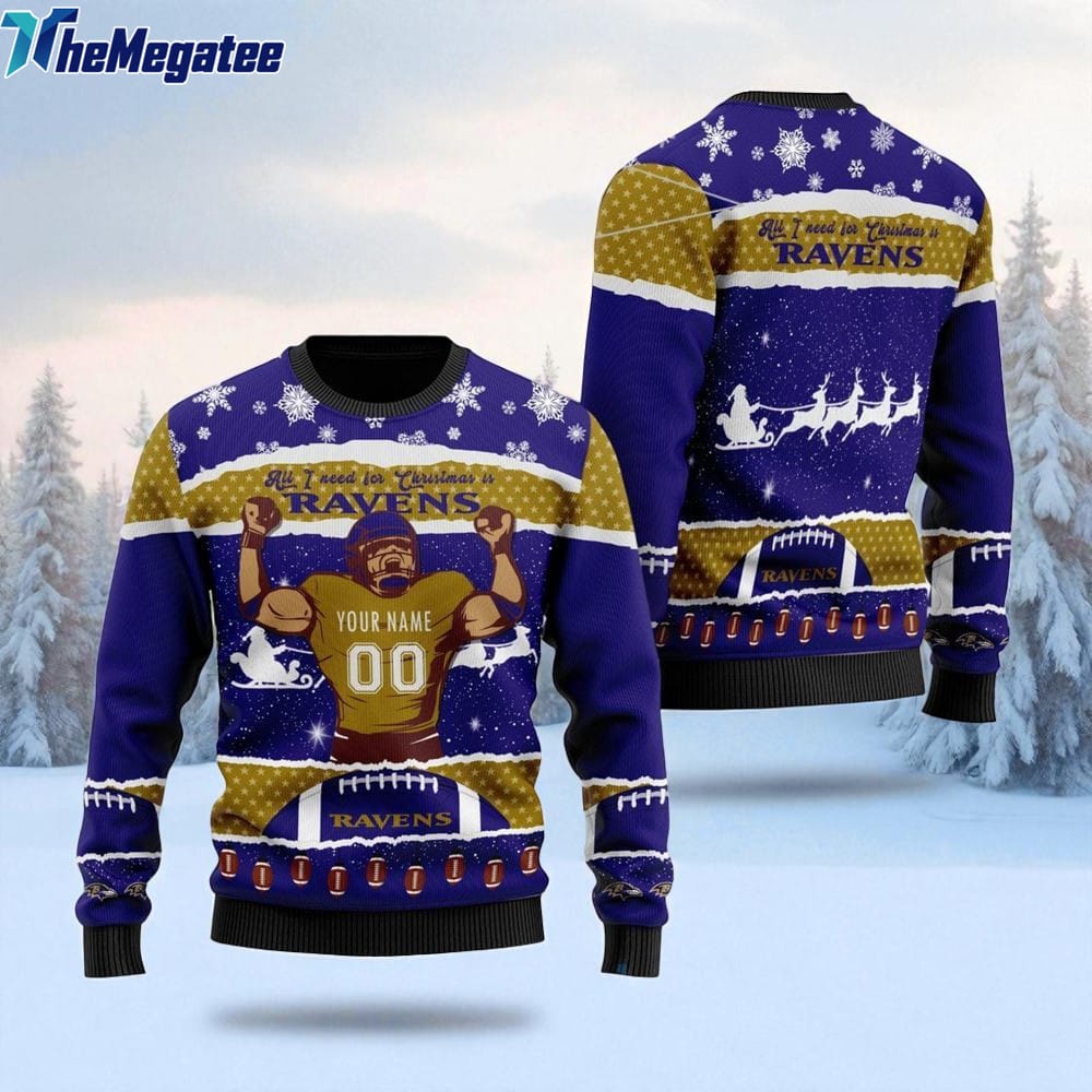 Personalized NFL Baltimore Ravens All I Need For Christmas Ugly Christmas Sweater Perfect Gift For Football Fans Personalized NFL Baltimore Ravens All I Need For Christmas Ugly Christmas Sweater Perfect Gift For Football Fans