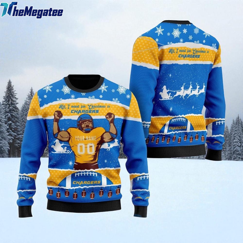 Personalized NFL Los Angeles Chargers All I Need For Christmas Ugly Christmas Sweater Perfect Gift For Football Fans Personalized NFL Los Angeles Chargers All I Need For Christmas Ugly Christmas Sweater Perfect Gift For Football Fans