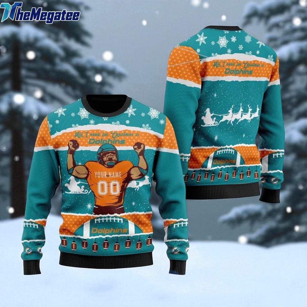 Personalized NFL Miami Dolphins All I Need For Christmas Ugly Christmas Sweater Perfect Gift For Football Fans Personalized NFL Miami Dolphins All I Need For Christmas Ugly Christmas Sweater Perfect Gift For Football Fans