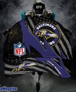 Custom Name Baltimore Ravens NFL Black And White American Flag Fire Baseball Cap