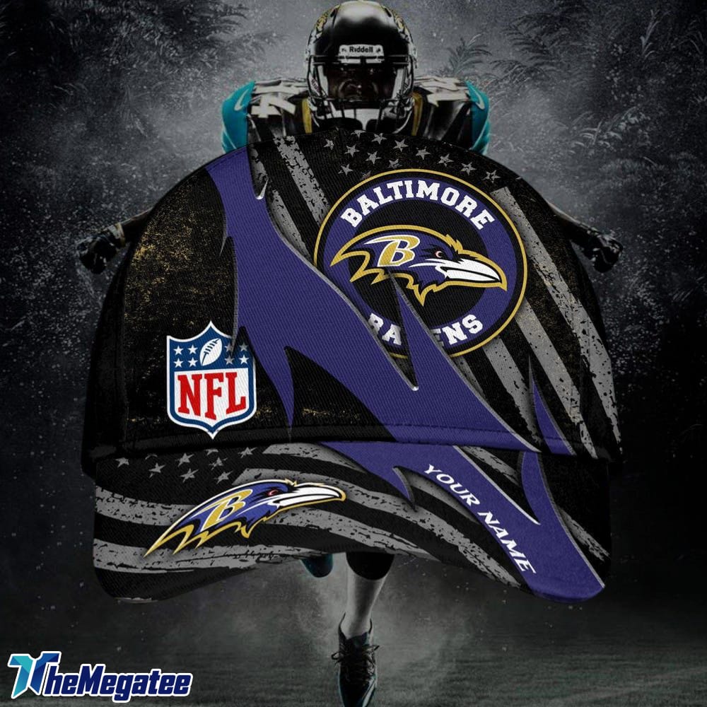 Custom Name Baltimore Ravens NFL Black And White American Flag Fire Baseball Cap Custom Name Baltimore Ravens NFL Black And White American Flag Fire Baseball Cap