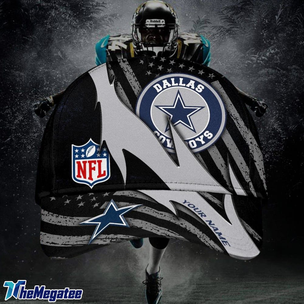 Custom Name Dallas Cowboys NFL Black And White American Flag Fire Baseball Cap Custom Name Dallas Cowboys NFL Black And White American Flag Fire Baseball Cap