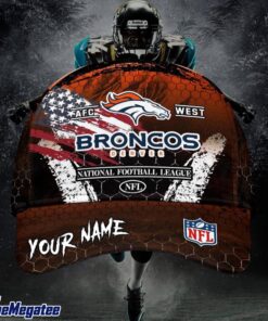 Custom Name Denver Broncos NFL Dark Scratch American Flag Baseball Cap