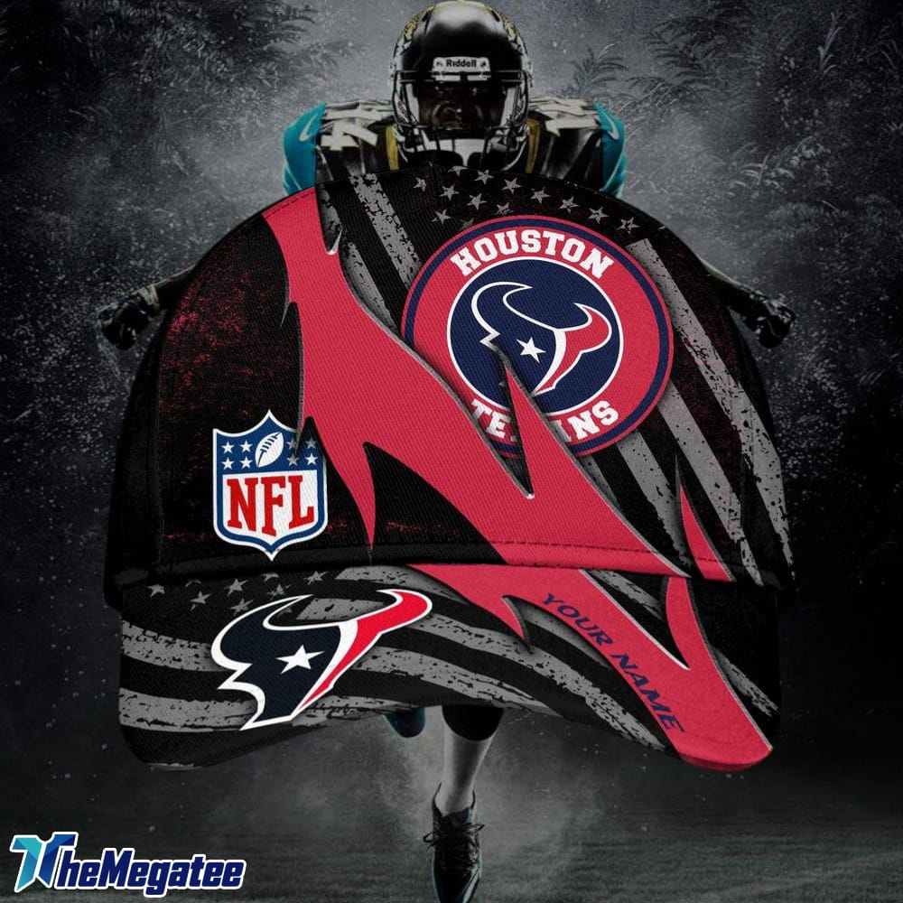Custom Name Houston Texans NFL Black And White American Flag Fire Baseball Cap Custom Name Houston Texans NFL Black And White American Flag Fire Baseball Cap