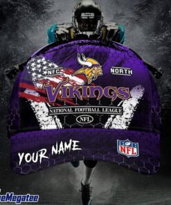 Custom Name Minnesota Vikings NFL Dark Scratch American Flag Baseball Cap