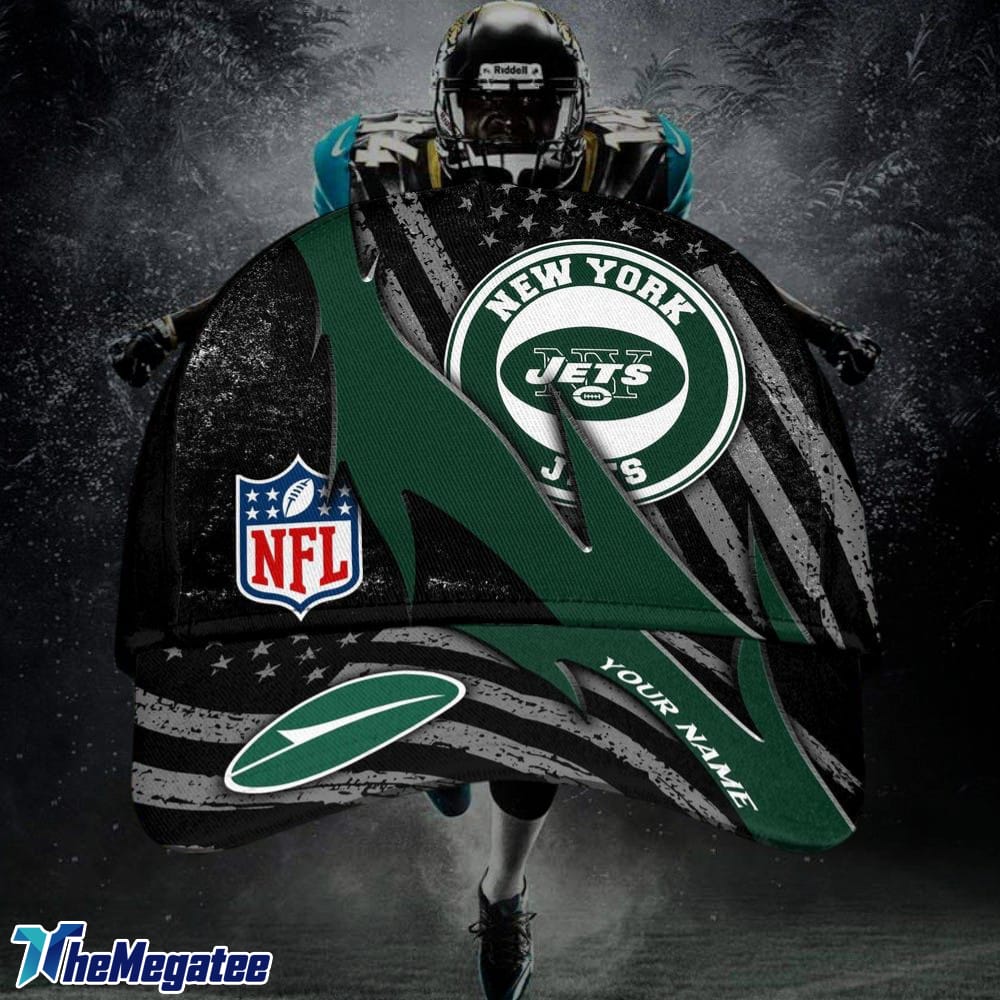 Custom Name New York Jets NFL Black And White American Flag Fire Baseball Cap Custom Name New York Jets NFL Black And White American Flag Fire Baseball Cap